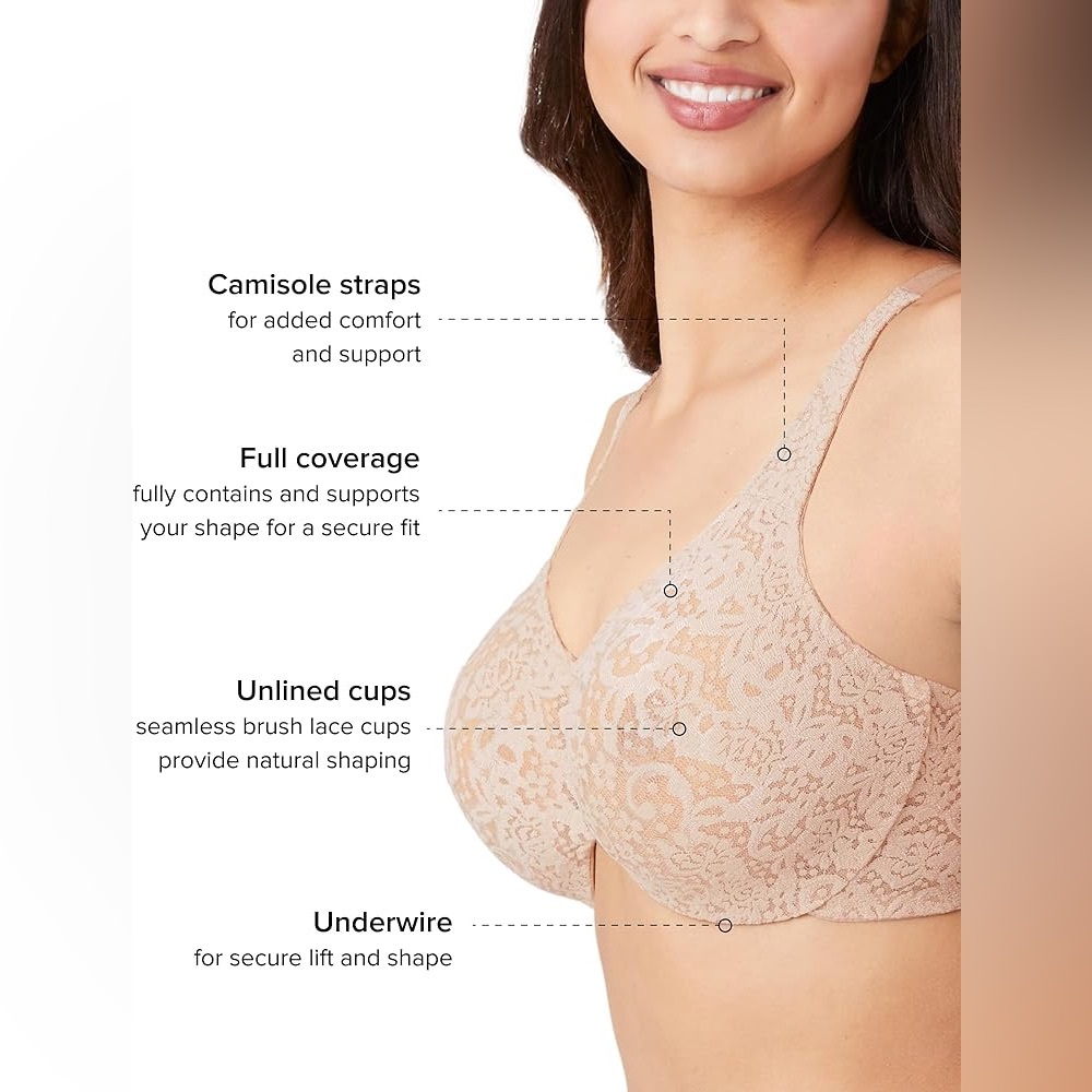 Wacoal Nude Beige Halo Lace Unlined Sheer Full Coverage Underwire Bra Size 34DD - Picture 4 of 9